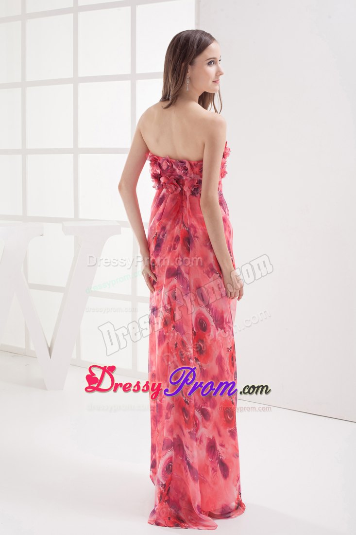 Printing Column Strapless Prom Dress with Hand Made Flowers