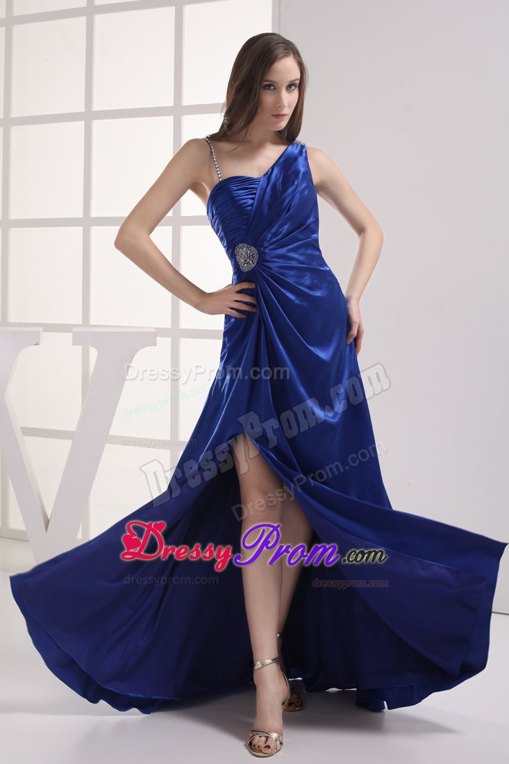 One Shoulder Royal Blue Ruched Beads Prom dress with High Slit