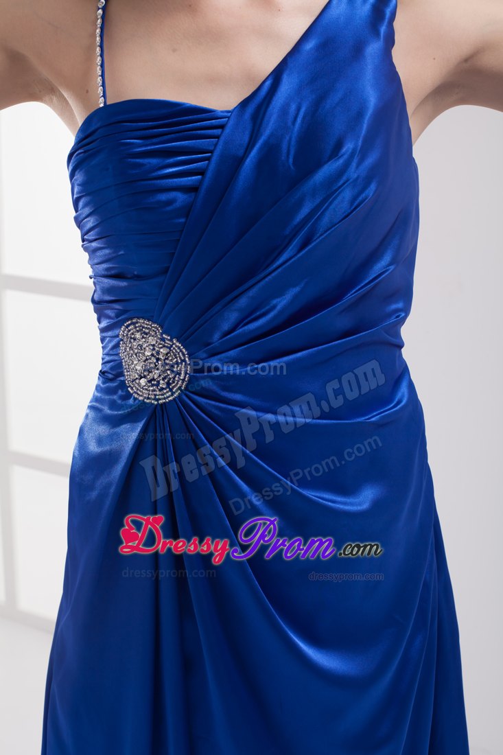 One Shoulder Royal Blue Ruched Beads Prom dress with High Slit