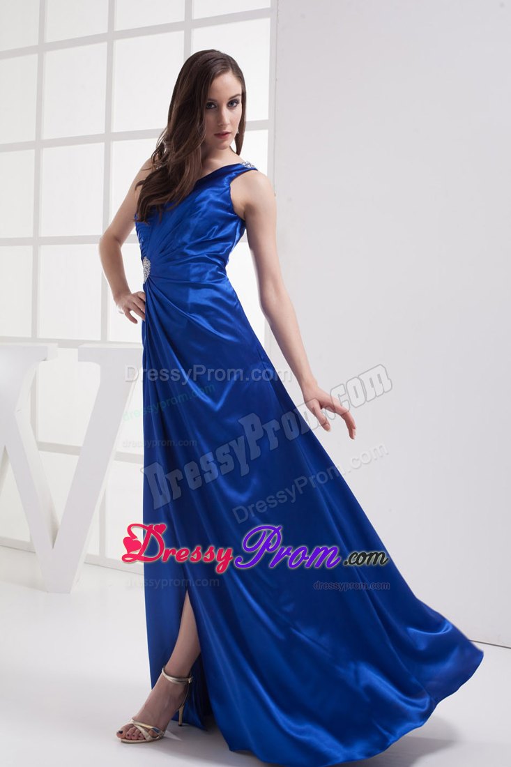 One Shoulder Royal Blue Ruched Beads Prom dress with High Slit
