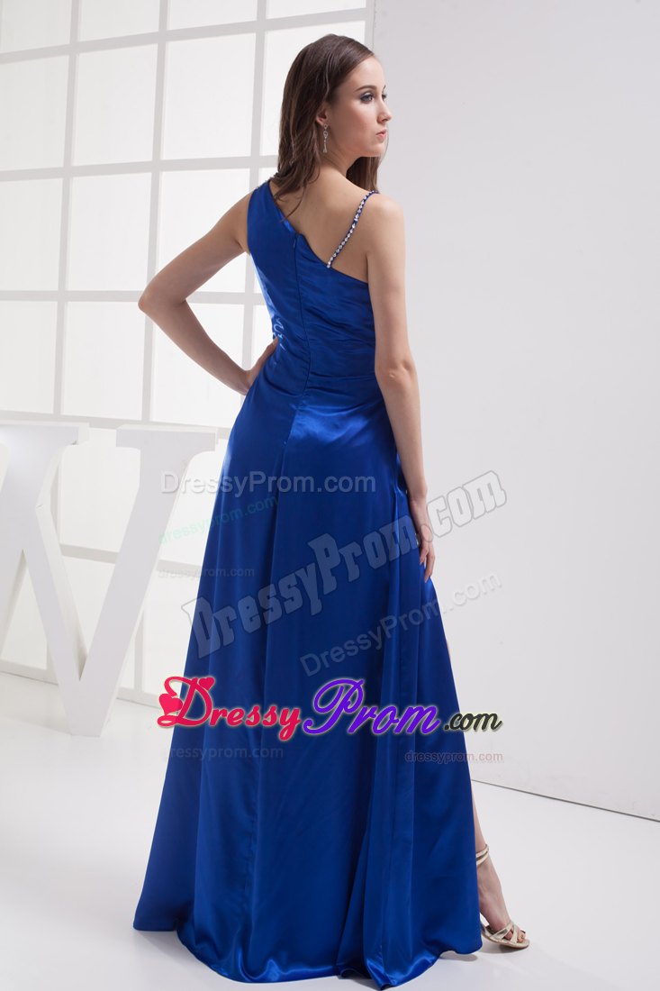 One Shoulder Royal Blue Ruched Beads Prom dress with High Slit