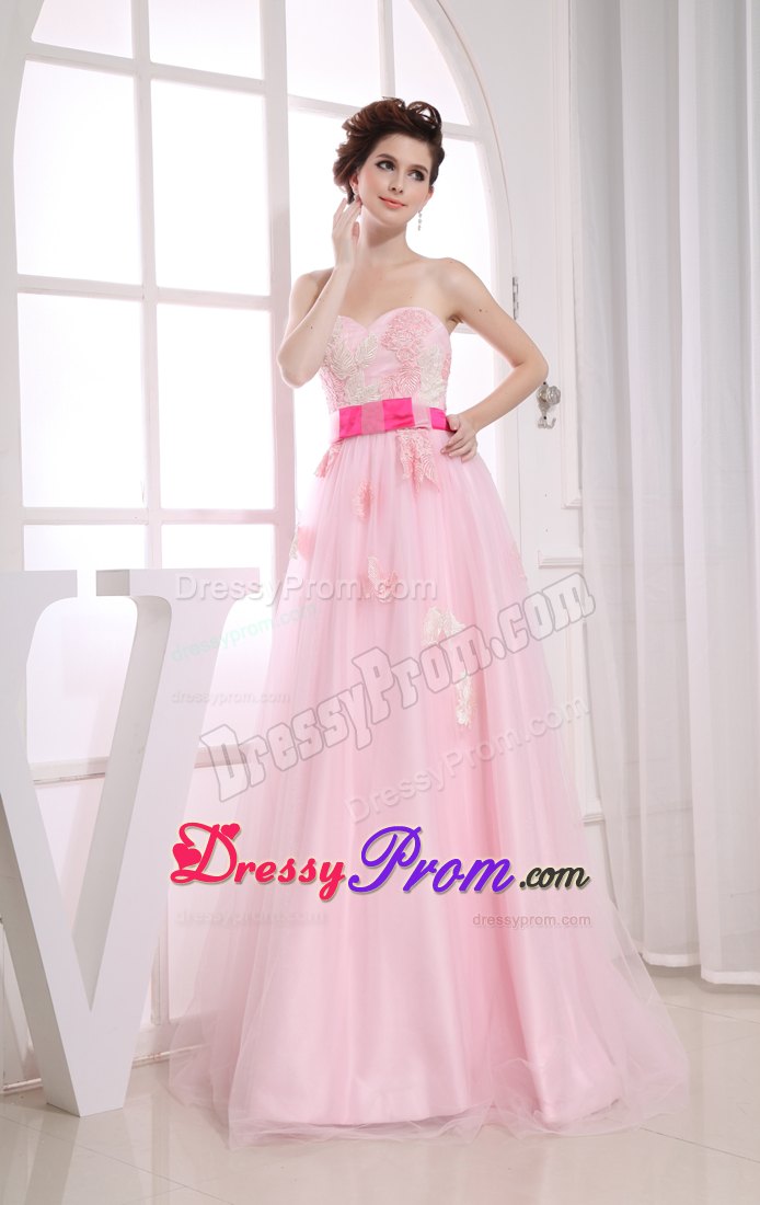 Sash Sweetheart Appliques Organza Baby Pink Prom Cocktail Gowns