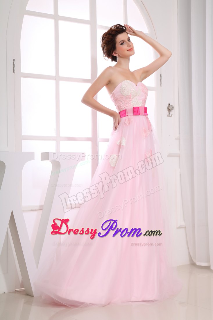 Sash Sweetheart Appliques Organza Baby Pink Prom Cocktail Gowns