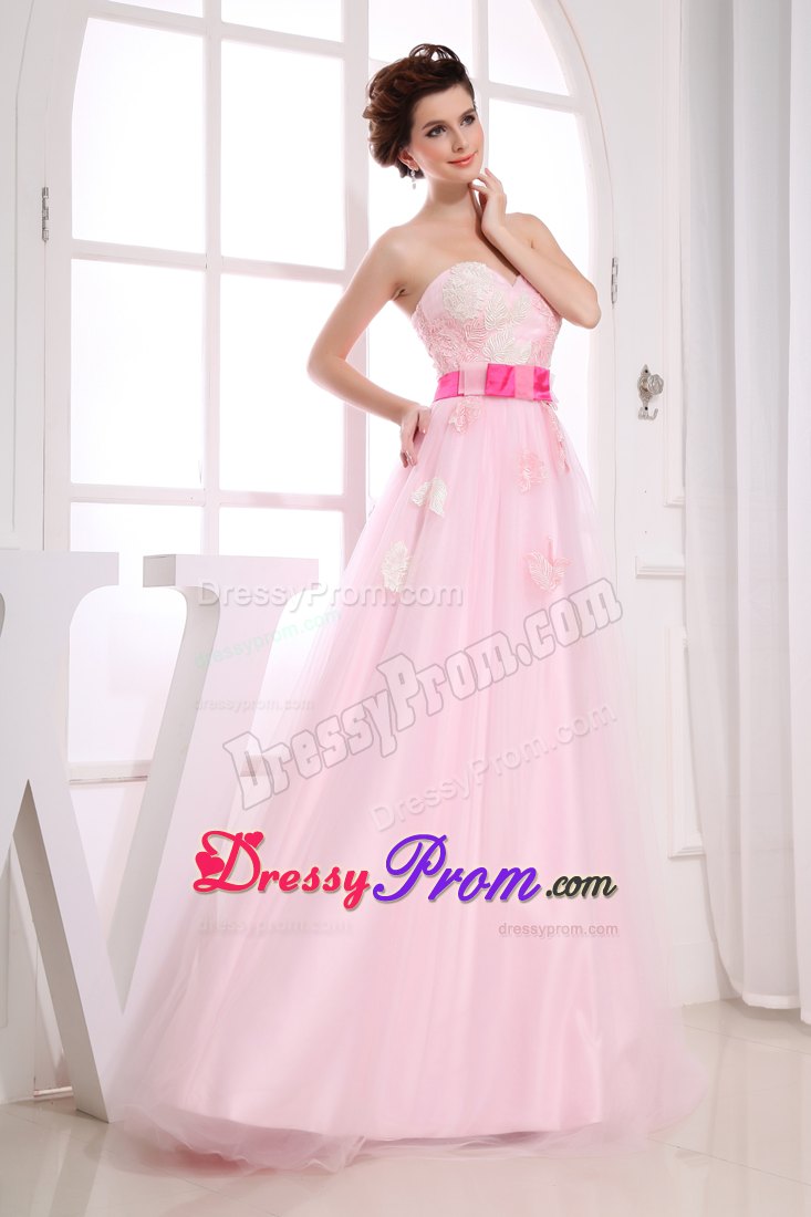 Sash Sweetheart Appliques Organza Baby Pink Prom Cocktail Gowns