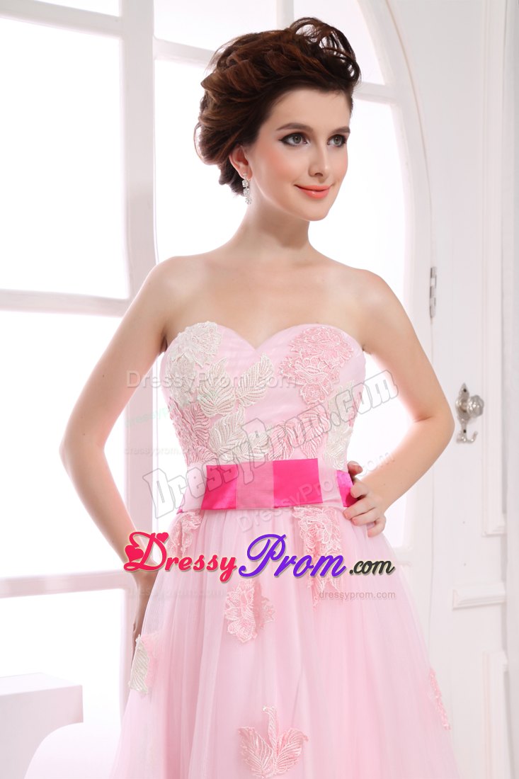 Sash Sweetheart Appliques Organza Baby Pink Prom Cocktail Gowns