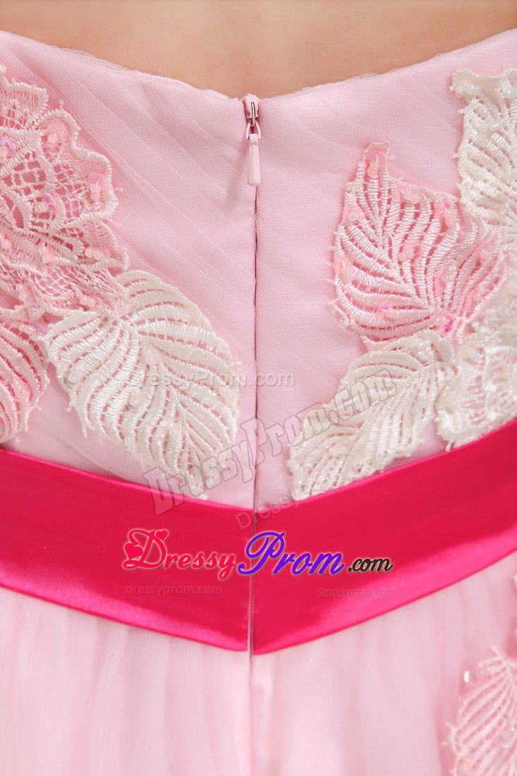 Sash Sweetheart Appliques Organza Baby Pink Prom Cocktail Gowns
