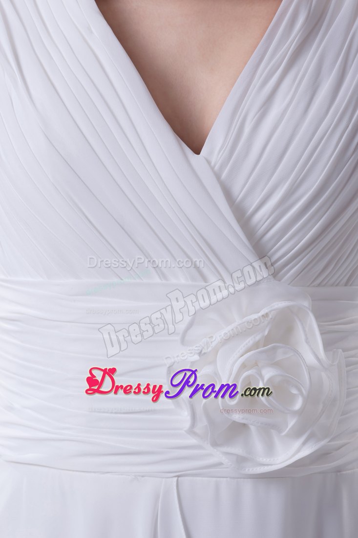Hand Made Flower V-neck Ruched White Prom Party Dress with Sleeves