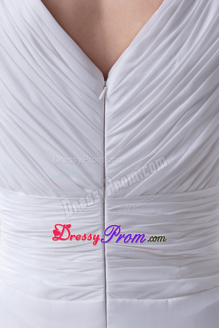 Hand Made Flower V-neck Ruched White Prom Party Dress with Sleeves