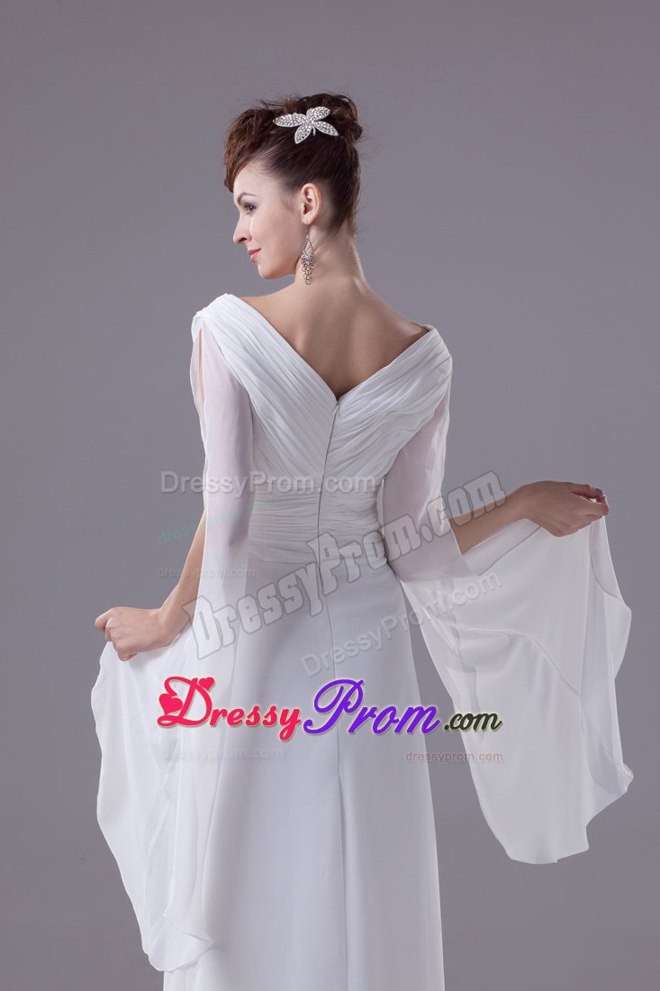 Hand Made Flower V-neck Ruched White Prom Party Dress with Sleeves