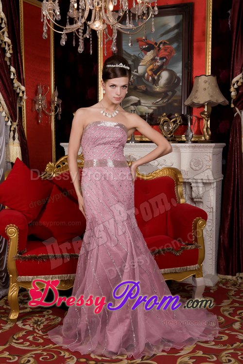 Organza Brush Light Pink Mermaid Strapless Prom Dress Beaded