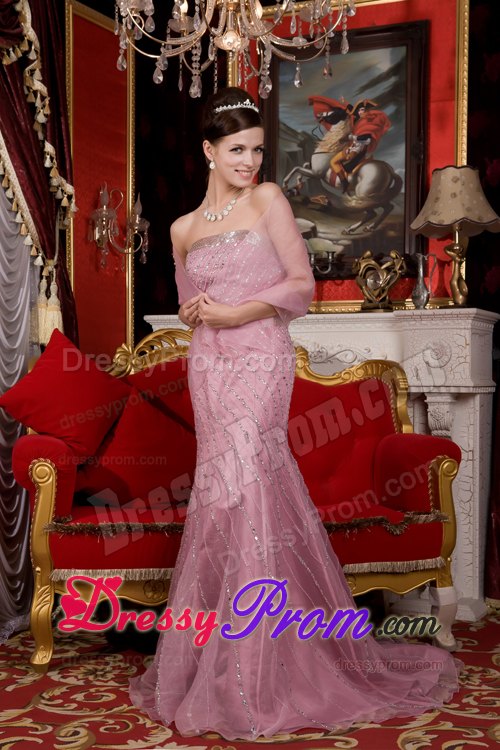 Organza Brush Light Pink Mermaid Strapless Prom Dress Beaded