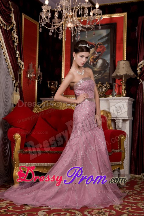 Organza Brush Light Pink Mermaid Strapless Prom Dress Beaded
