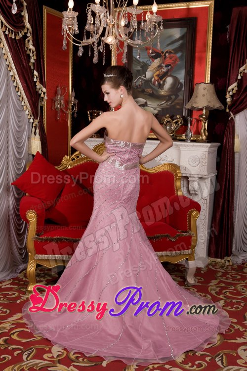 Organza Brush Light Pink Mermaid Strapless Prom Dress Beaded