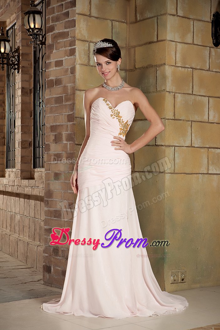 Beaded Sweetheart Brush Train Chiffon Prom Gown in Light Pink