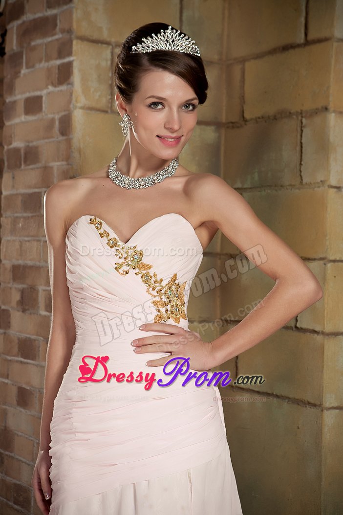 Beaded Sweetheart Brush Train Chiffon Prom Gown in Light Pink