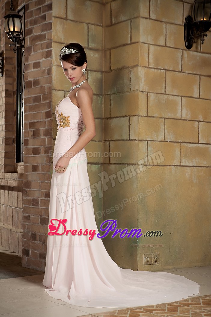 Beaded Sweetheart Brush Train Chiffon Prom Gown in Light Pink