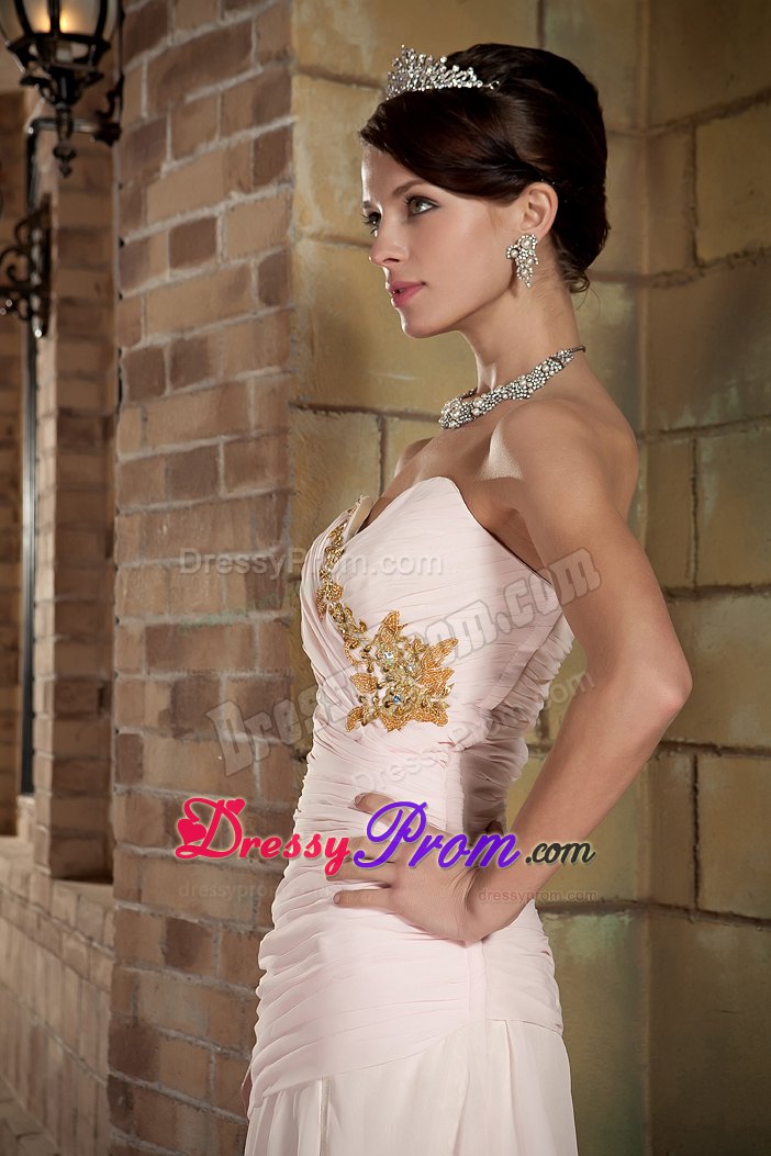 Beaded Sweetheart Brush Train Chiffon Prom Gown in Light Pink