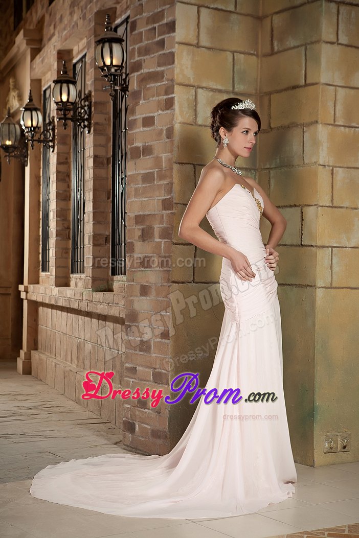 Beaded Sweetheart Brush Train Chiffon Prom Gown in Light Pink