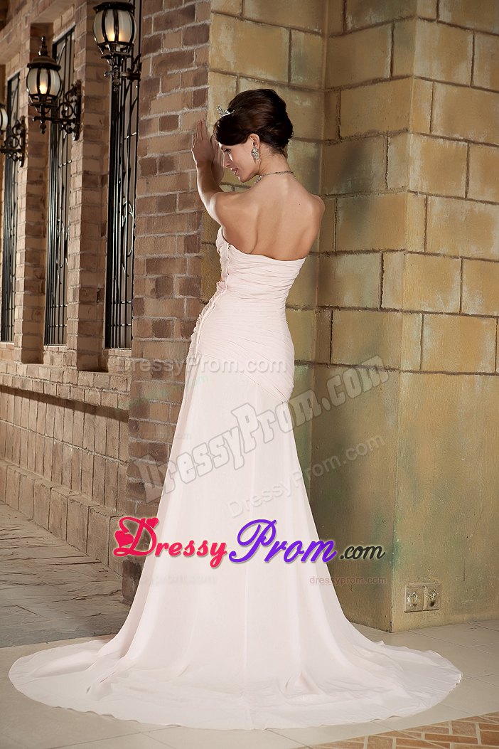 Beaded Sweetheart Brush Train Chiffon Prom Gown in Light Pink