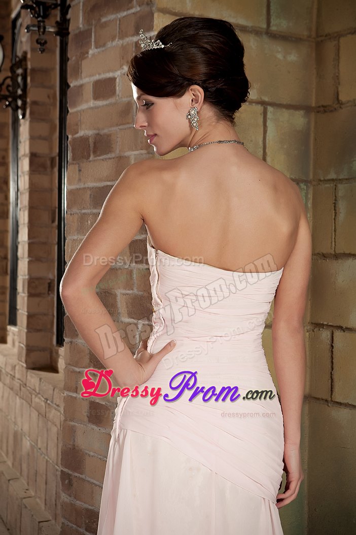 Beaded Sweetheart Brush Train Chiffon Prom Gown in Light Pink
