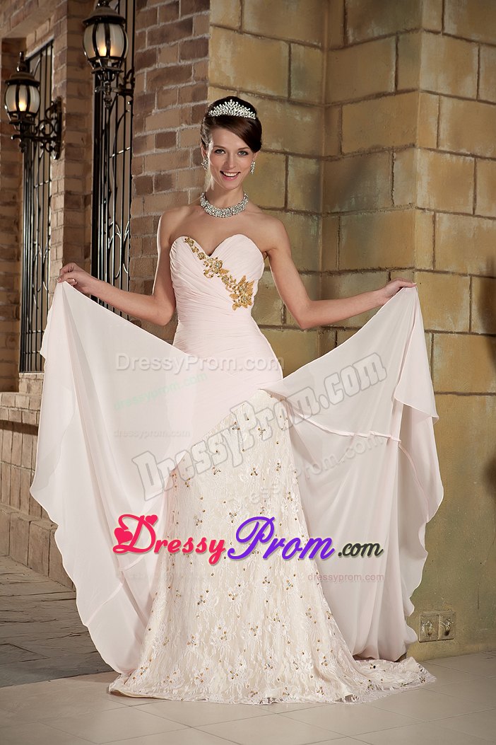 Beaded Sweetheart Brush Train Chiffon Prom Gown in Light Pink