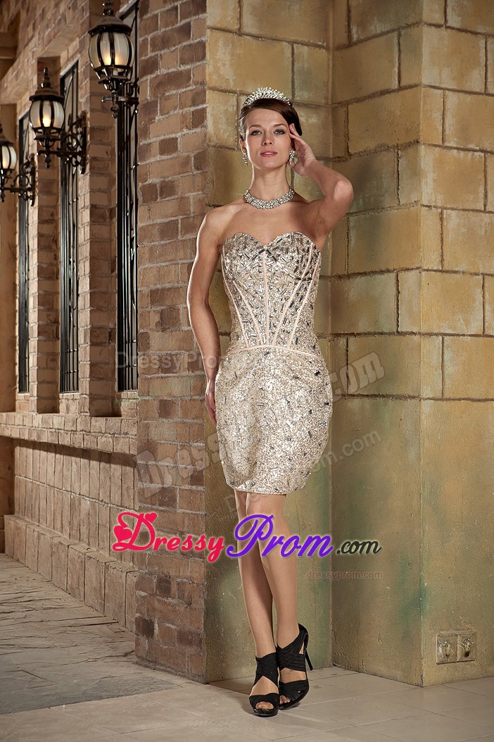 Champagne Mini-length Sweetheart Beading Prom Dress Sequined