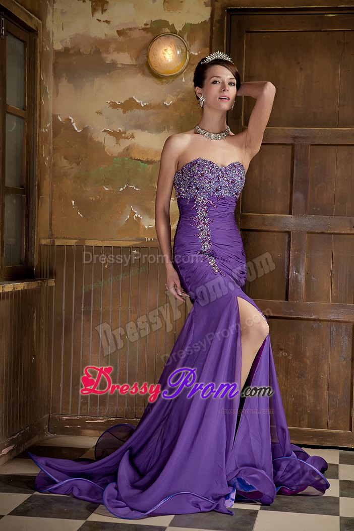 Chiffon Mermaid Purple Beaded Prom Dress with Front Split