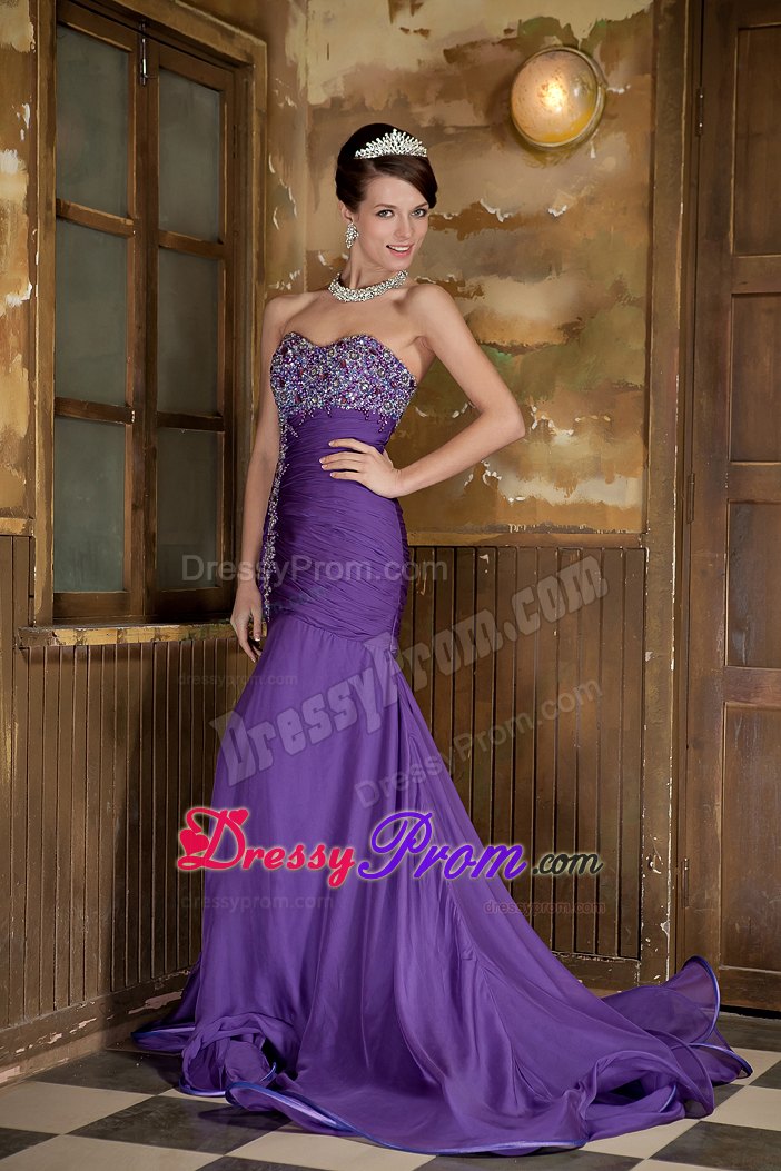 Chiffon Mermaid Purple Beaded Prom Dress with Front Split