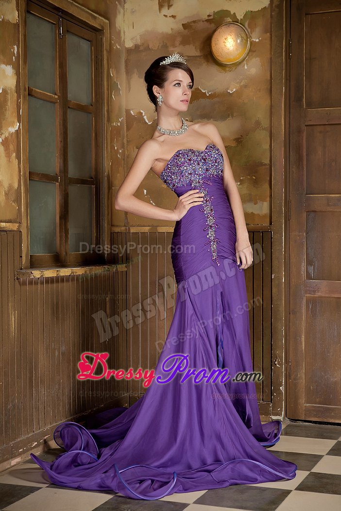 Chiffon Mermaid Purple Beaded Prom Dress with Front Split