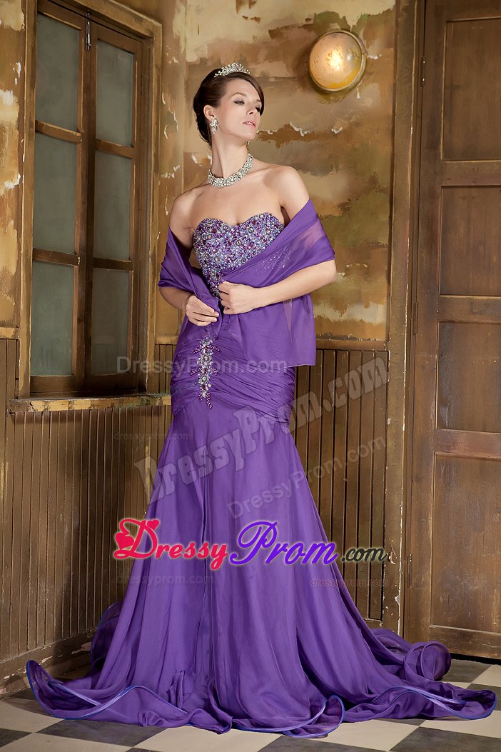 Chiffon Mermaid Purple Beaded Prom Dress with Front Split