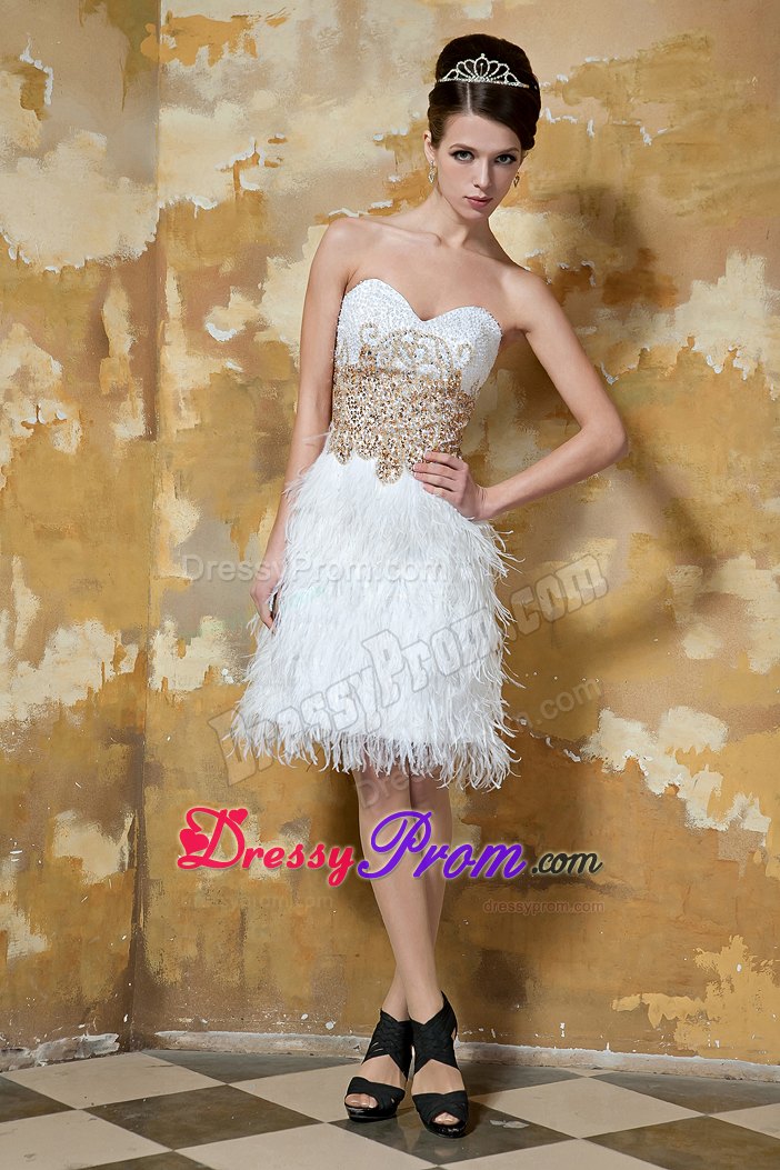 White Knee-length Satin Sweetheart Feather Beaded Prom Dress