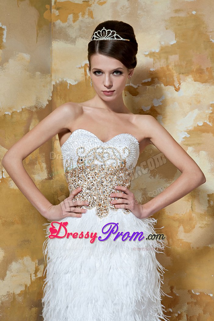 White Knee-length Satin Sweetheart Feather Beaded Prom Dress