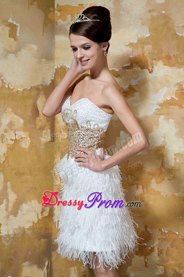 White Knee-length Satin Sweetheart Feather Beaded Prom Dress