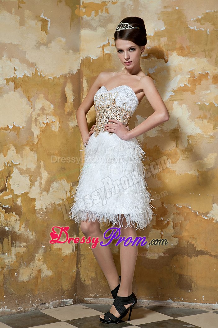 White Knee-length Satin Sweetheart Feather Beaded Prom Dress