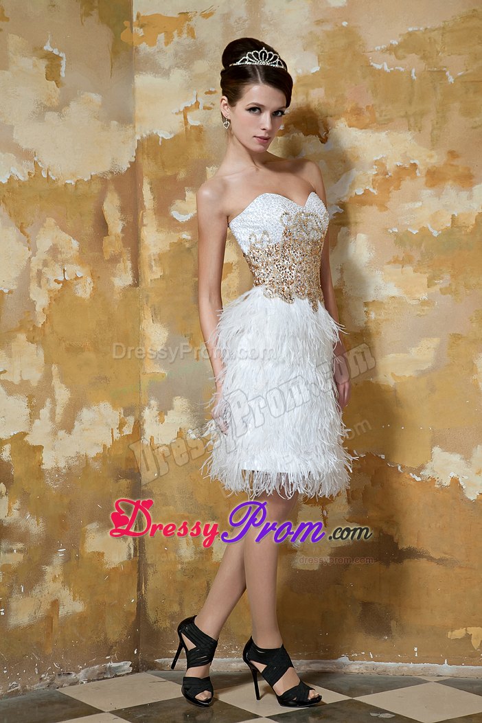 White Knee-length Satin Sweetheart Feather Beaded Prom Dress