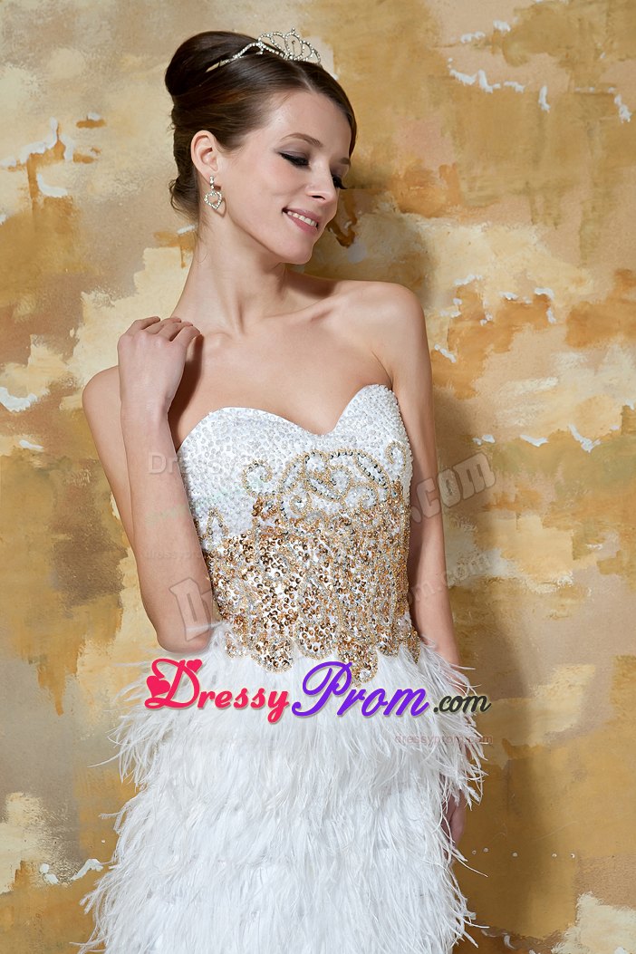 White Knee-length Satin Sweetheart Feather Beaded Prom Dress