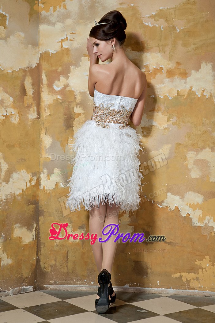 White Knee-length Satin Sweetheart Feather Beaded Prom Dress