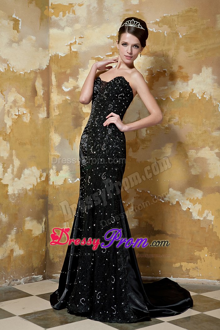 Taffeta Black Sequined Column Sweetheart Brush Prom Gown