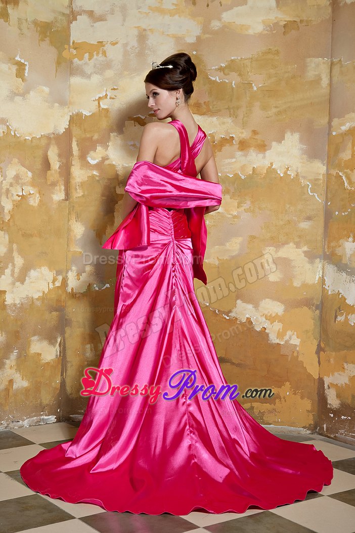 V-neck Hot Pink Taffeta Beading Prom Dress with Court Train