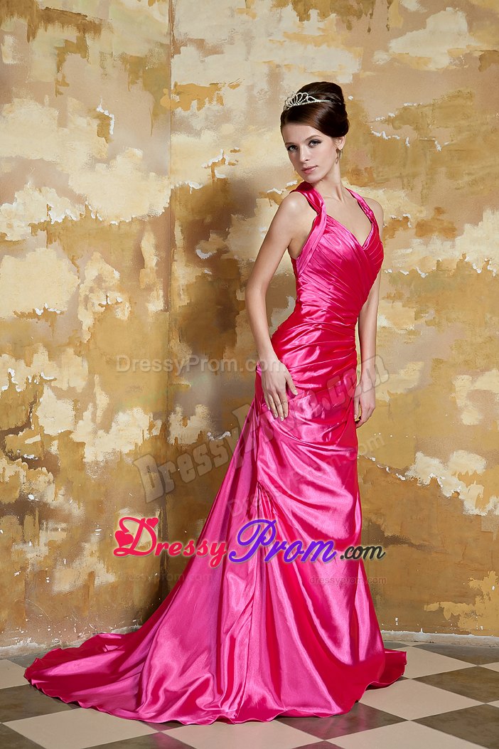 V-neck Hot Pink Taffeta Beading Prom Dress with Court Train