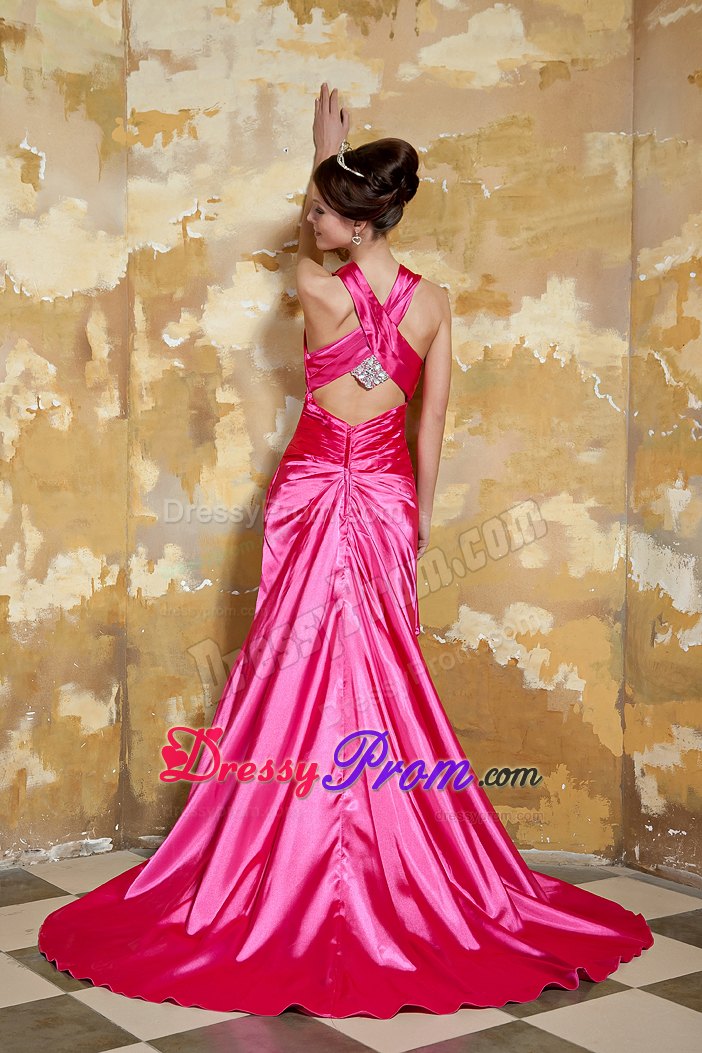 V-neck Hot Pink Taffeta Beading Prom Dress with Court Train