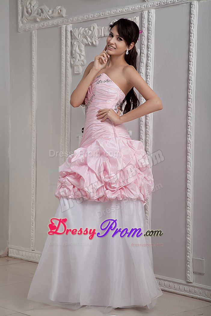 Mermaid Baby Pink and White Beaded Prom Dress with Pick-ups