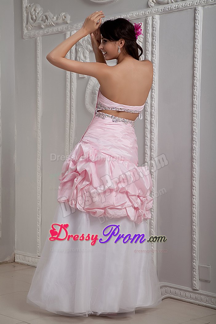 Mermaid Baby Pink and White Beaded Prom Dress with Pick-ups