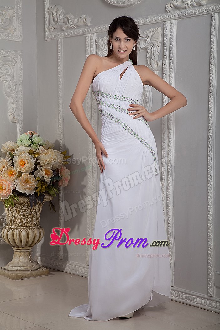 White Cheap Asymmetrical Brush Train Beaded Chiffon Prom Dress