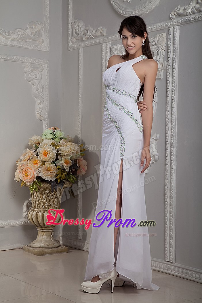 White Cheap Asymmetrical Brush Train Beaded Chiffon Prom Dress