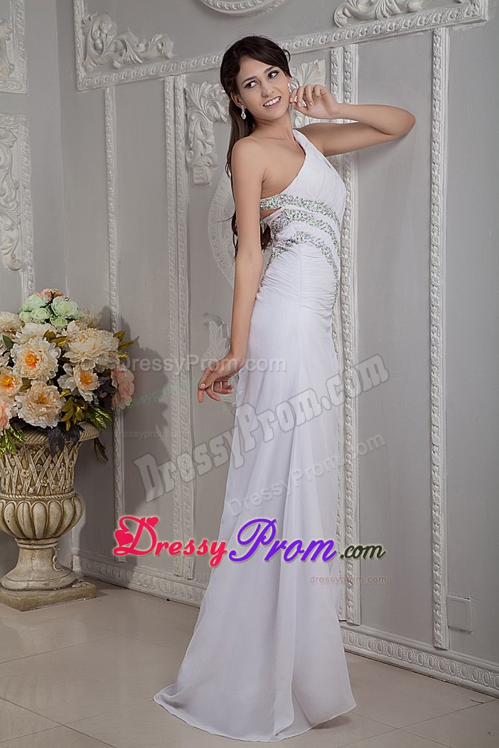 White Cheap Asymmetrical Brush Train Beaded Chiffon Prom Dress