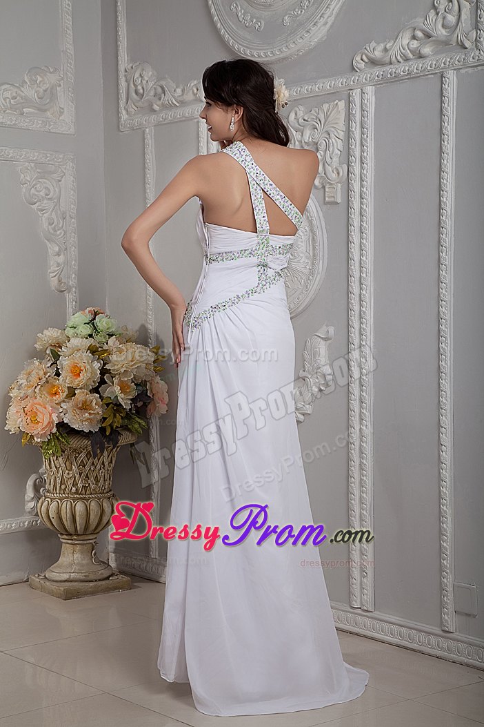 White Cheap Asymmetrical Brush Train Beaded Chiffon Prom Dress