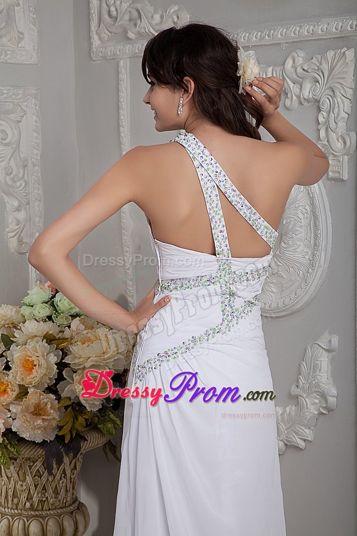 White Cheap Asymmetrical Brush Train Beaded Chiffon Prom Dress