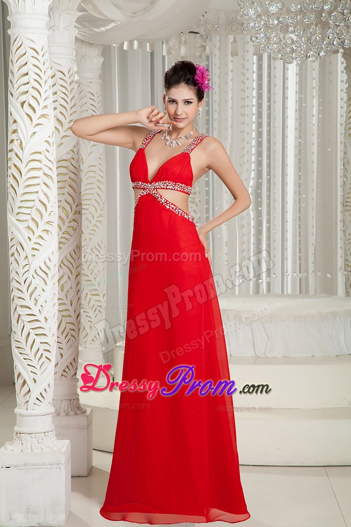 Sexy 2013 Crisscross Back Red Straps Chiffon Prom Gown Beaded