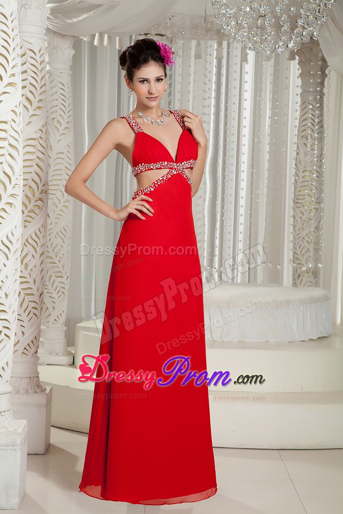 Sexy 2013 Crisscross Back Red Straps Chiffon Prom Gown Beaded